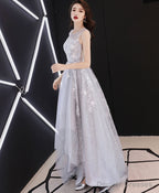 A Line Hight Low Lace Prom Dresses, Gray Tulle Homecoming Dresses