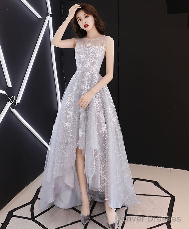 A Line Hight Low Lace Prom Dresses, Gray Tulle Homecoming Dresses Main image