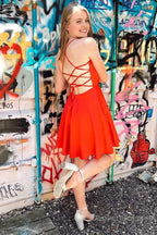 A Line Hot Pink Cowl Neck Lace-Up Short Homecoming Dress
