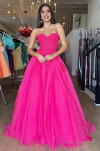 A-Line Hot Pink Tulle Lace StraplessLong Prom Dress