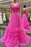 A line Illusion V Neck Layers Tulle Prom Dress