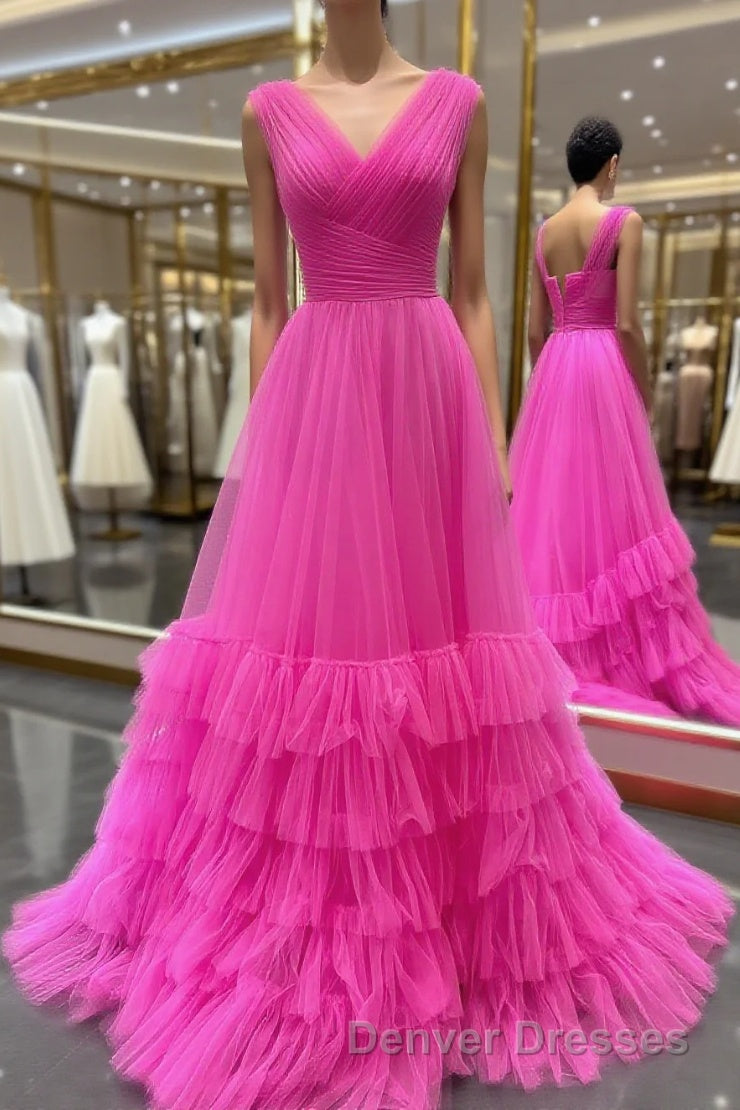 A line Illusion V Neck Layers Tulle Prom Dress