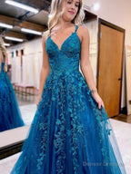A Line Ink Blue Glitter Tulle Lace Prom Dress