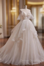 A-line Ivory Beaded Tulle Long Wedding Party Dress, Ivory Tulle Floor Length Prom Dress