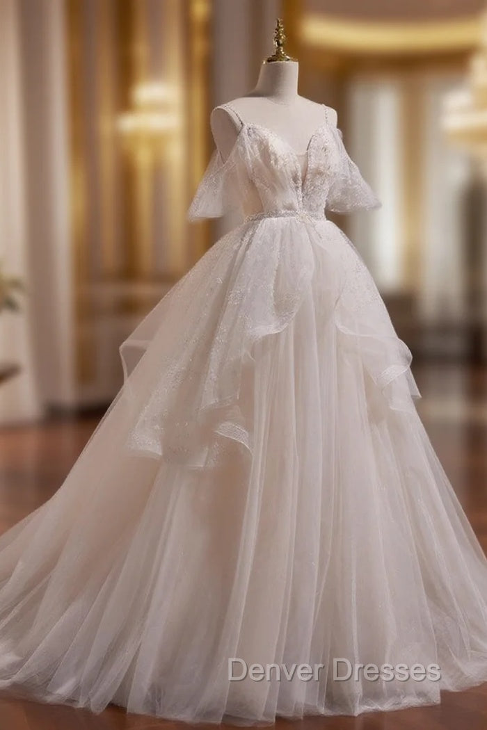A-line Ivory Beaded Tulle Long Wedding Party Dress, Ivory Tulle Floor Length Prom Dress