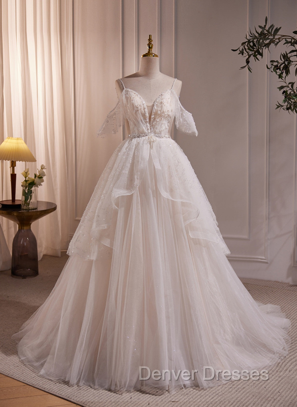 A-line Ivory Beaded Tulle Long Wedding Party Dress, Ivory Tulle Floor Length Prom Dress Secondary image