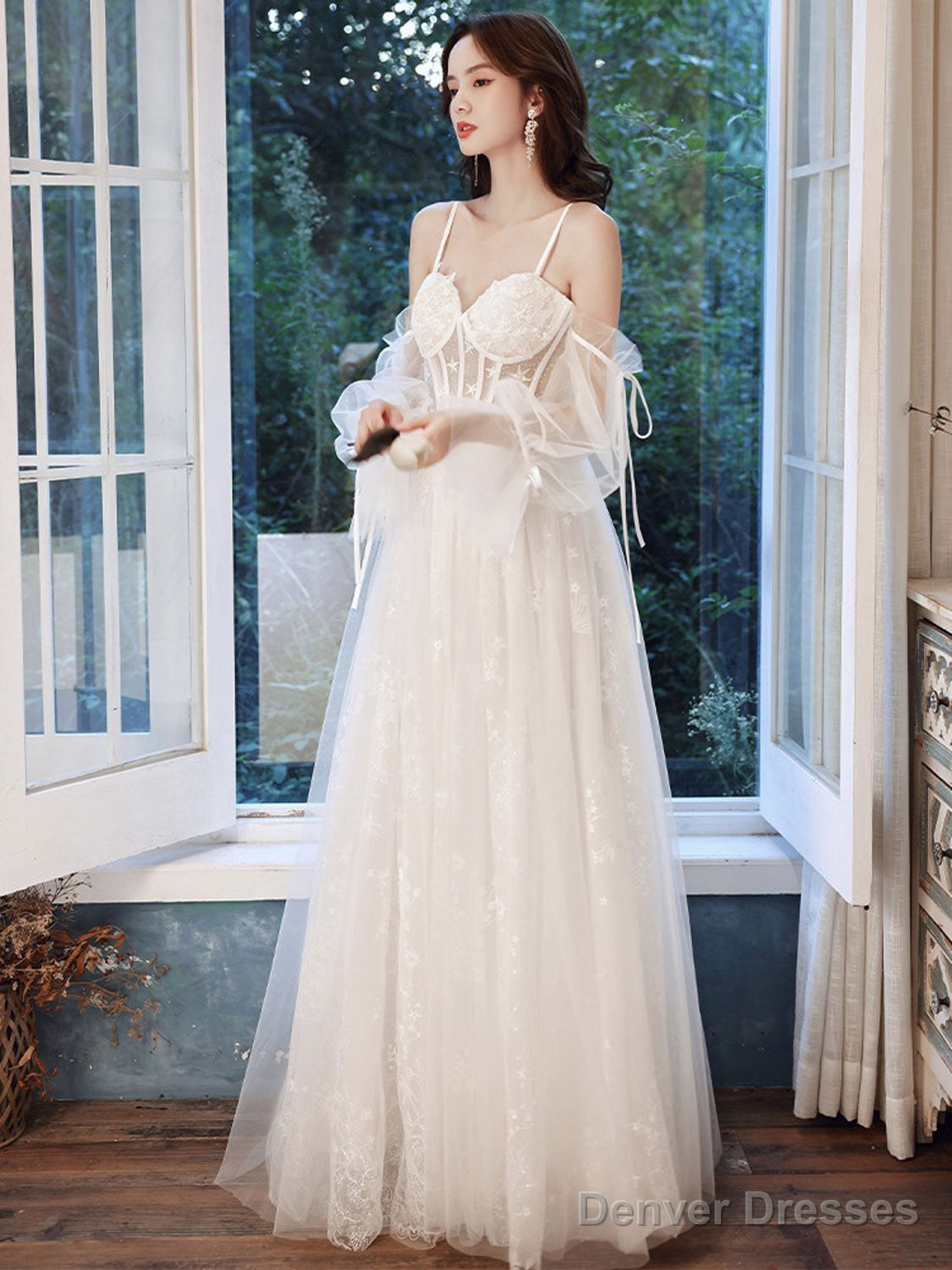 A Line Ivory Tulle Lace Long Prom Dress, Lace Evening Dress