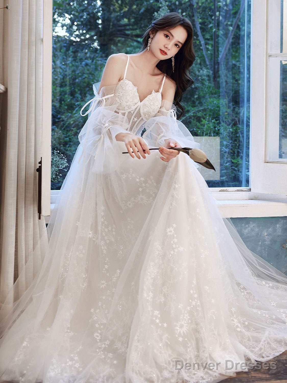 A Line Ivory Tulle Lace Long Prom Dress, Lace Evening Dress Main image