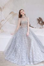 A Line Jewel Neck Floor Length Sleeveless Zipper Prom Dresses