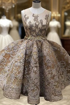 A-Line Jewel Sleeveless Short Prom Dress With Lace Appliques