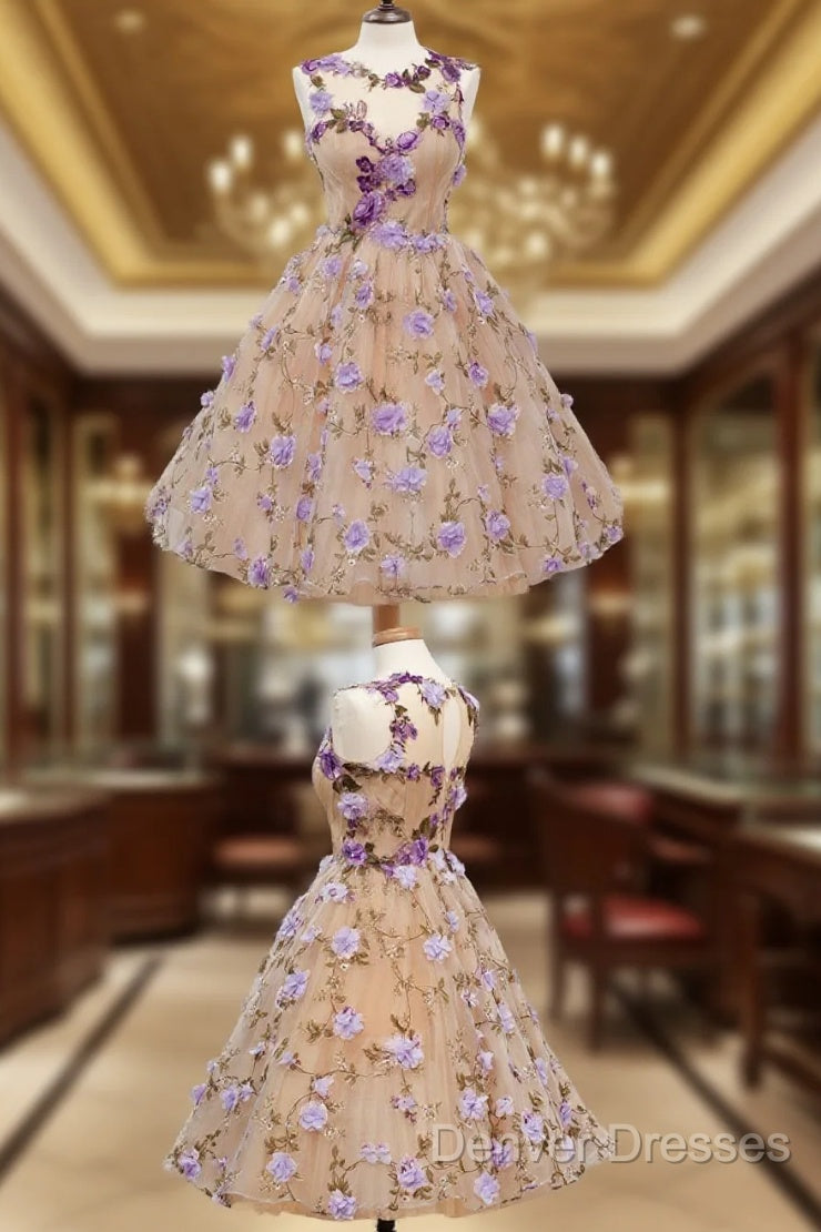 A-Line Jewel Tea-Length Open Back Champagne Tulle Homecoming Dress With Appliques Flowers