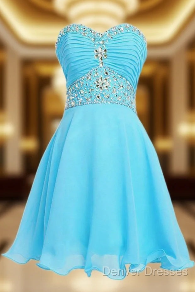 A-Line Knee Length Chiffon Blue Homecoming Dress With Crystals Main image