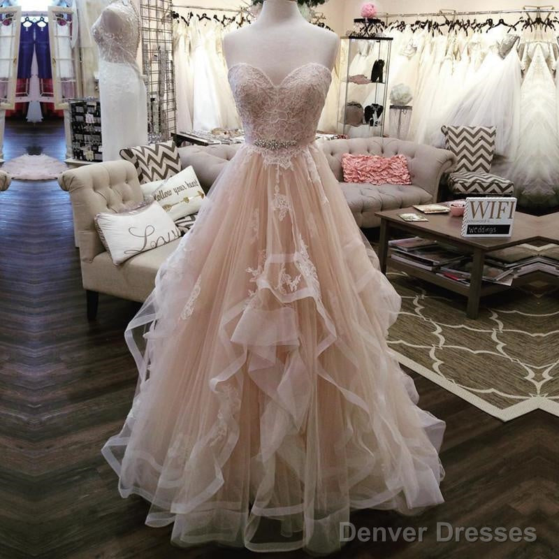 A Line Lace Appliques Sweetheart Champagne Wedding Dresses Ruffles Skirt Main image