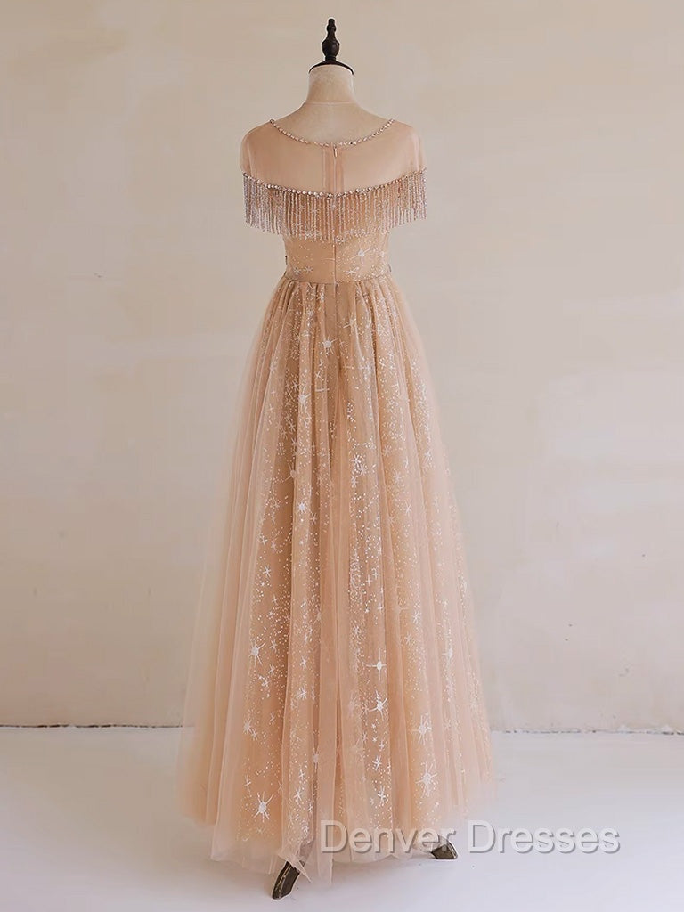 A-Line Lace Champagne Long Prom Dress, Champagne Lace Long Formal Dress Secondary image