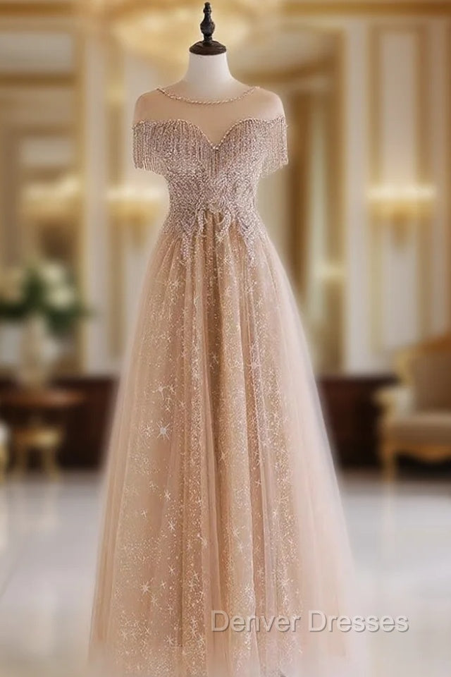 A-Line Lace Champagne Long Prom Dress, Champagne Lace Long Formal Dress Main image