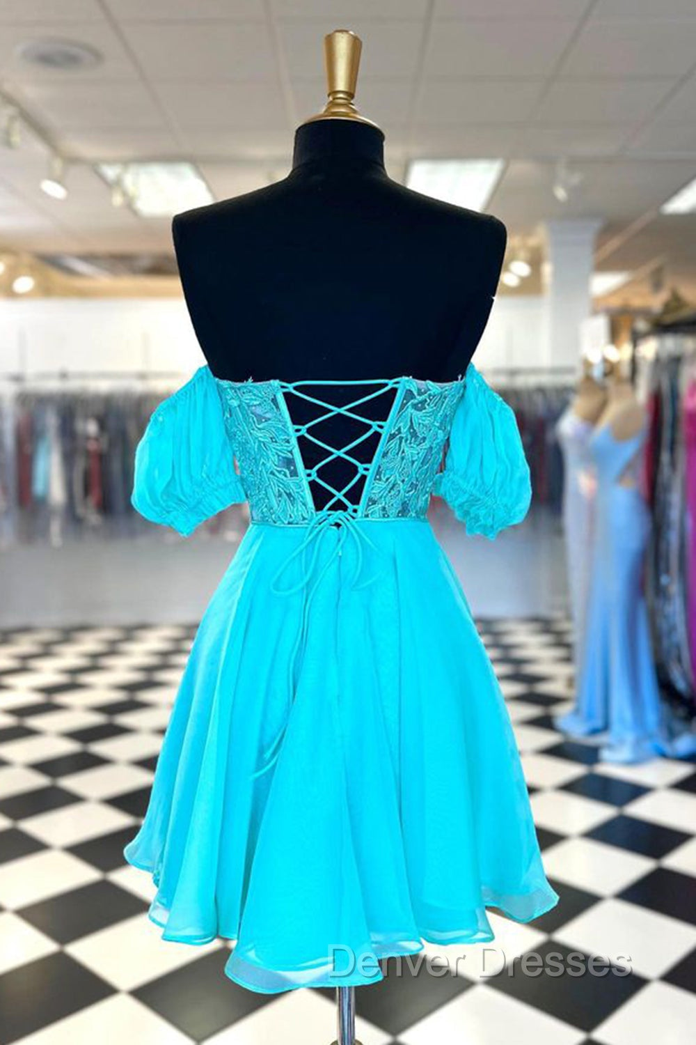 A Line Lace Off the Shoulder Homecoming Dress with Appliques Secondary image