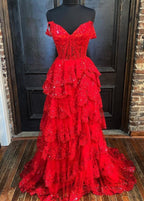 A Line Lace Off-the-Shoulder Tiered Long Prom Dress with Slit