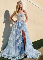 A Line Lace Off-the-Shoulder Tiered Long Prom Dress with Slit