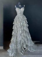 A Line Lace Off-the-Shoulder Tiered Long Prom Dress with Slit