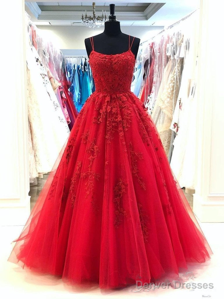 A Line Lace Red Prom Dresses Long Spaghetti Back Crossed Secondary image