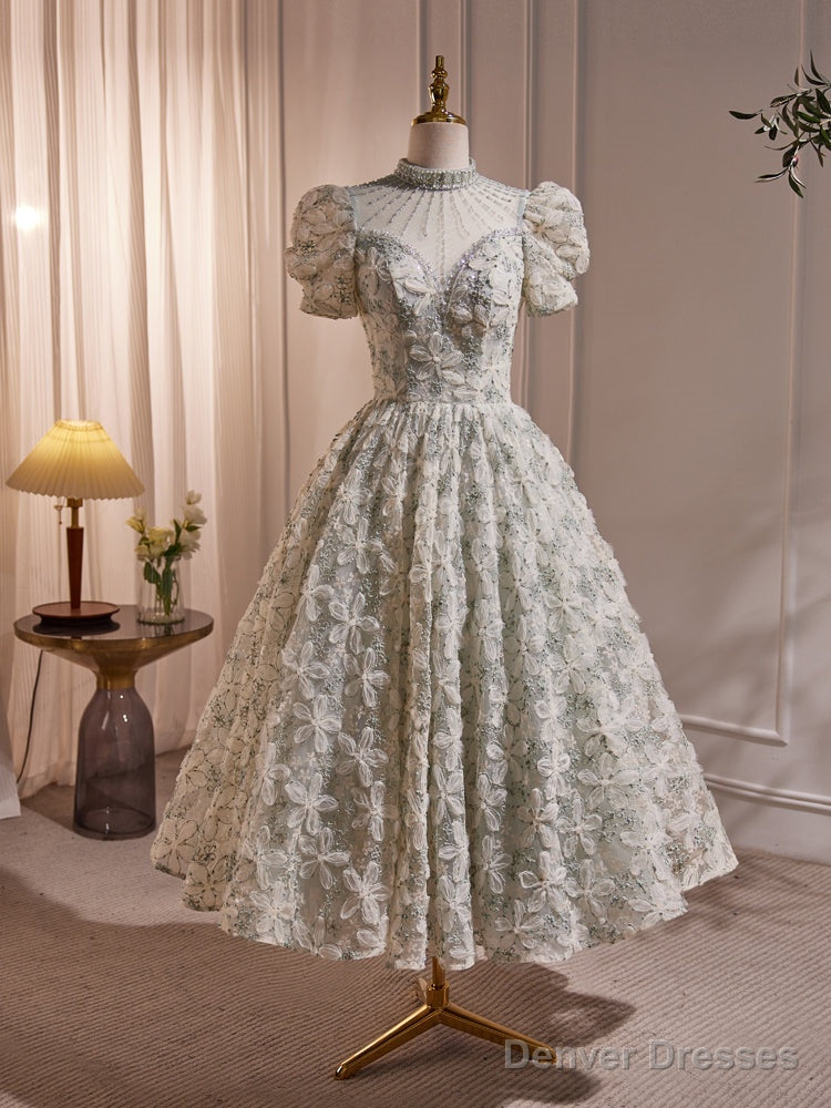 A-Line Lace Short Sleeves Beaded Tea Length Party Dress, High Neckline Lace Prom Dress