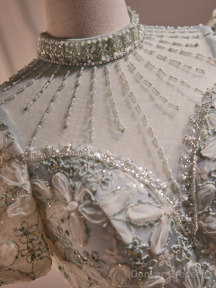 A-Line Lace Short Sleeves Beaded Tea Length Party Dress, High Neckline Lace Prom Dress