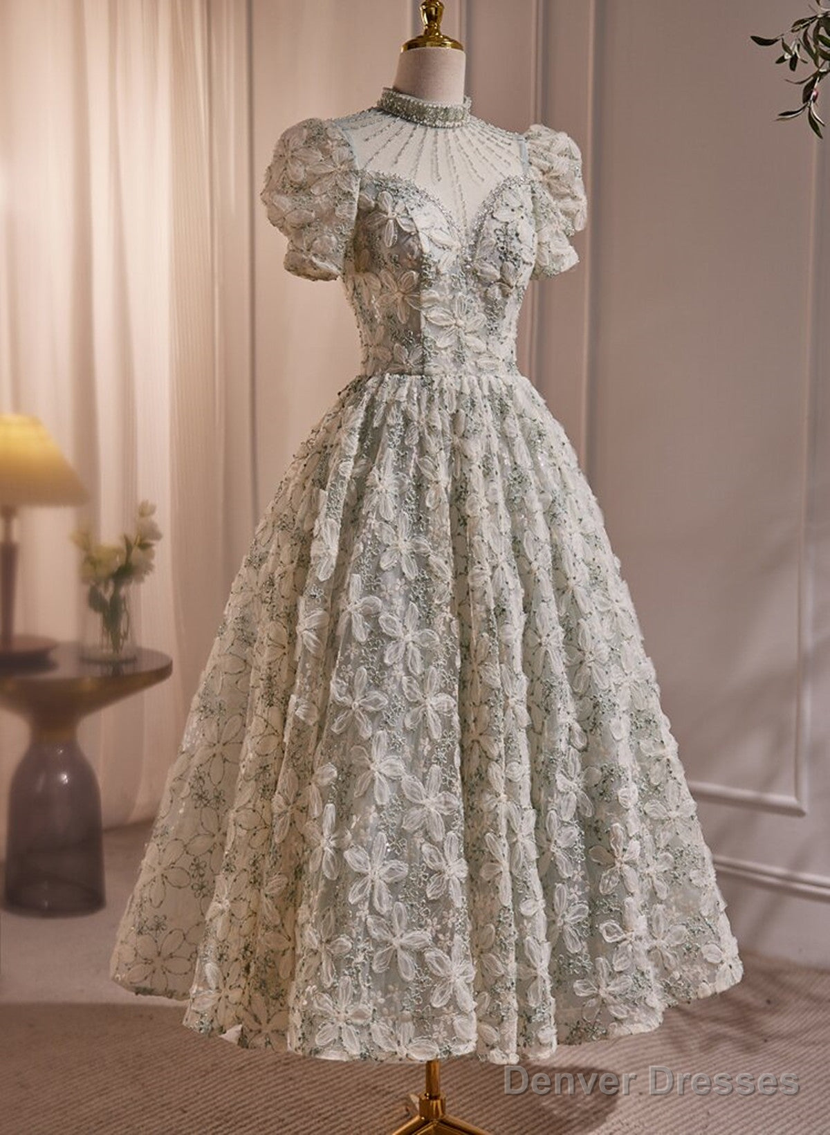 A-Line Lace Short Sleeves Beaded Tea Length Party Dress, High Neckline Lace Prom Dress Main image