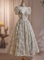 A-Line Lace Short Sleeves Beaded Tea Length Party Dress, High Neckline Lace Prom Dress