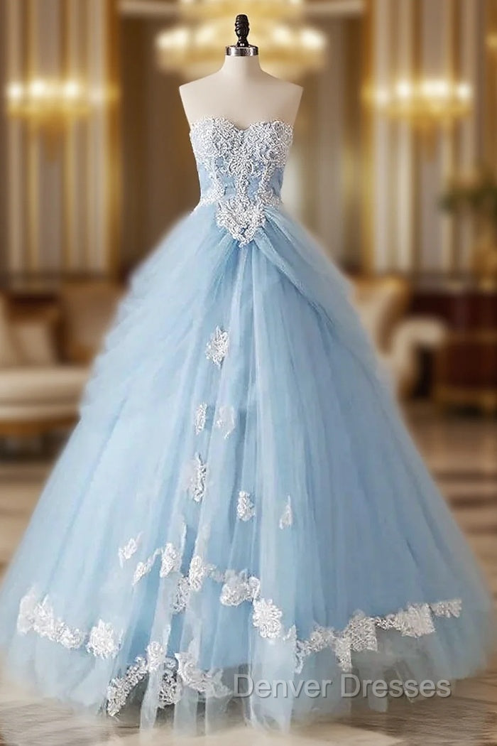 A-Line Lace Sweetheart Neck Blue Long Prom Dress Main image