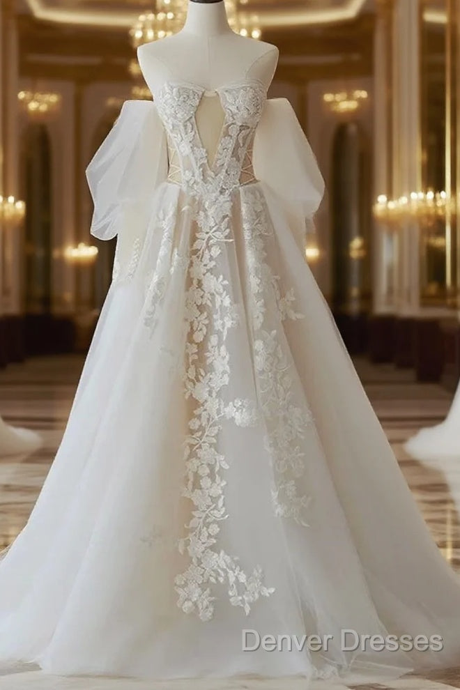 A-Line Lace Tulle Long Prom Dress Bride Gown Wedding Dress Beautiful Main image