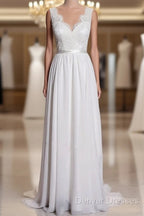 A-Line Lace V-Neck Backless Sheath Long Wedding Dress