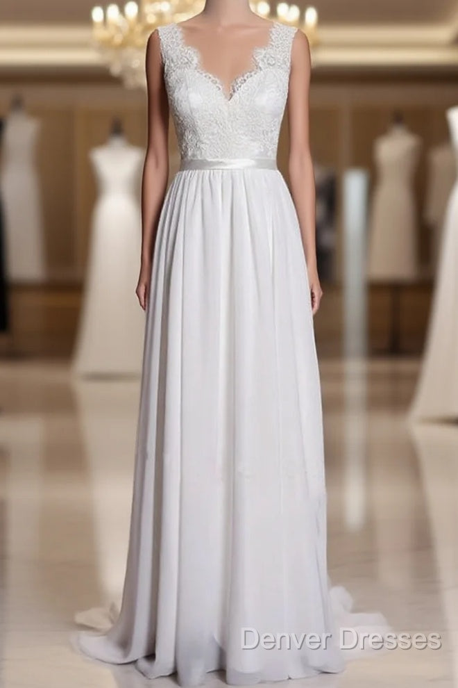 A-Line Lace V-Neck Backless Sheath Long Wedding Dress