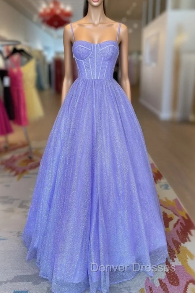 A-Line Lavender Shiny Tulle Prom Dress, Long Spaghetti Strap Evening Dress