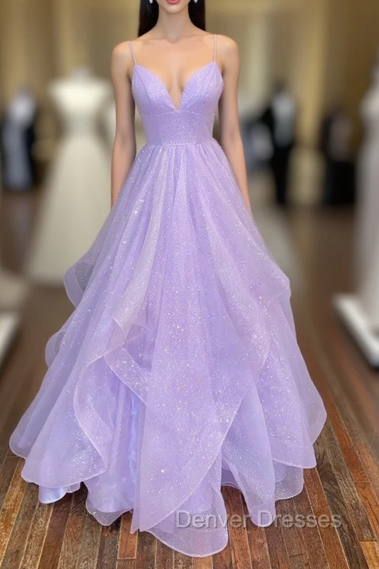 A-Line Lavender Shiny Tulle Prom Dress, Long Spaghetti Strap Evening Dress