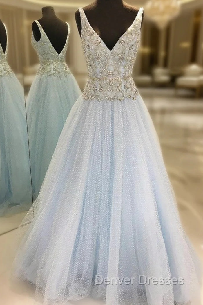 A-Line Light Blue Tulle V-neck Backless With Beading Prom Dress Main image