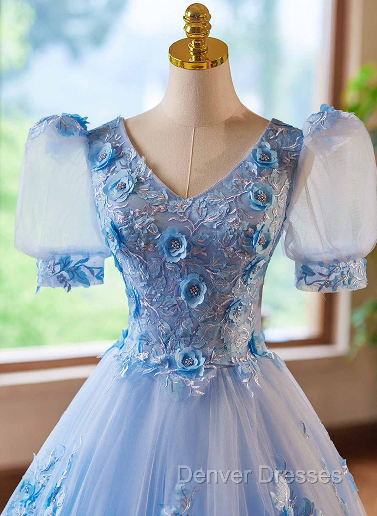 A-Line Light Blue Tulle With Lace Short Sleeves Prom Dress, Tulle Sweet 16 Dress Secondary image