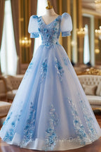 A-Line Light Blue Tulle With Lace Short Sleeves Prom Dress, Tulle Sweet 16 Dress