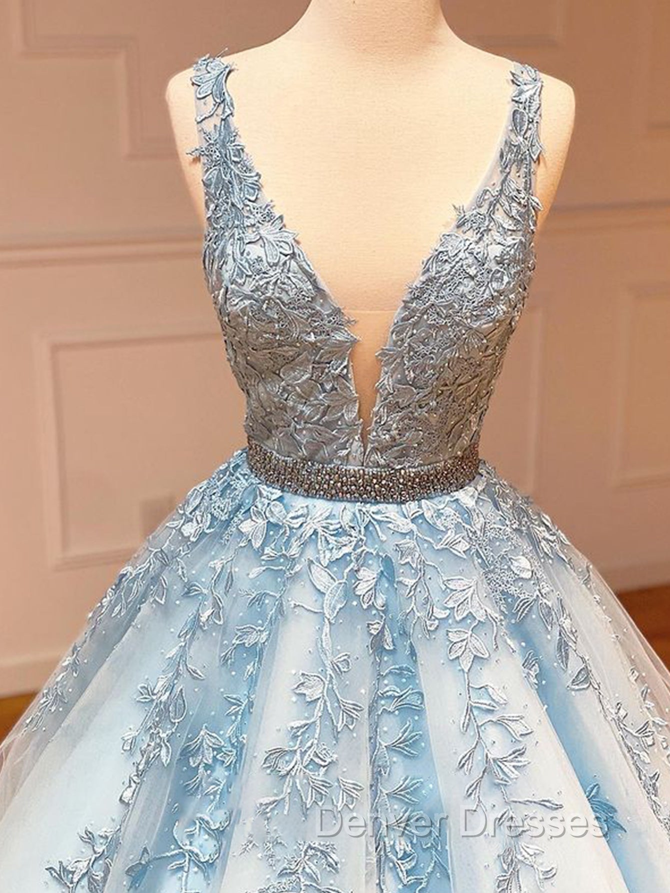 A Line Light Blue V Neck Lace Long Prom Dress Secondary image