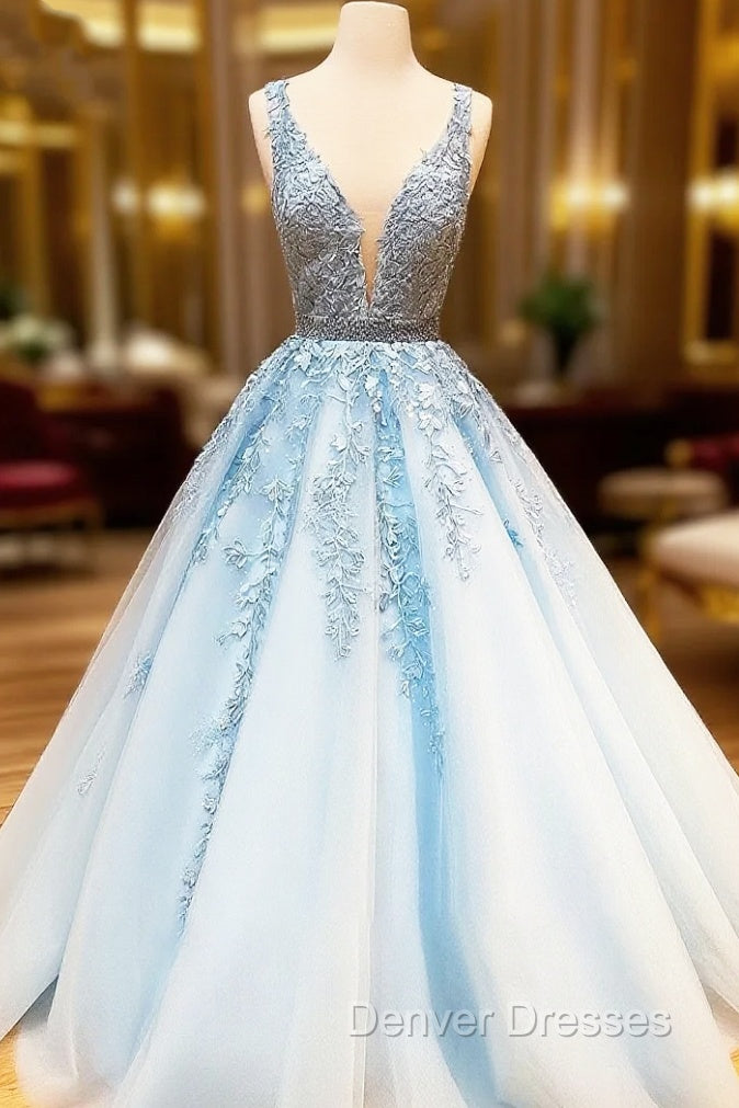 A Line Light Blue V Neck Lace Long Prom Dress Main image