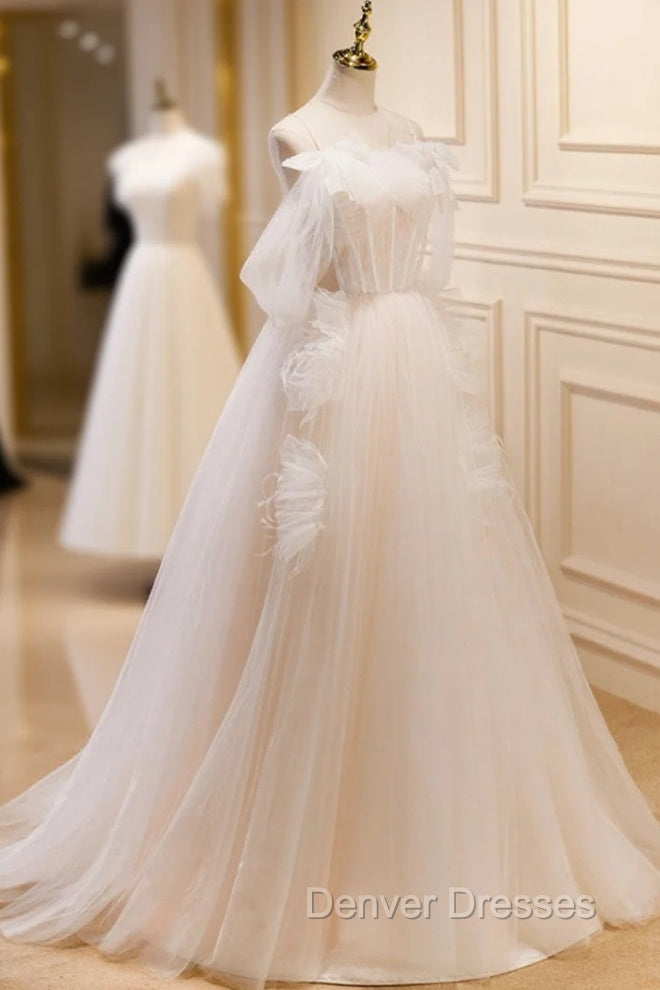 A-Line Light Champagne Long Prom Dress, Light Champagne Lace Formal Dress