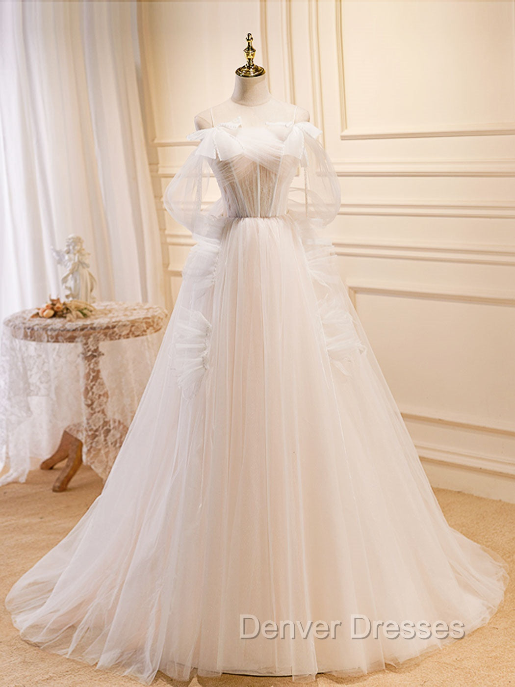A-Line Light Champagne Long Prom Dress, Light Champagne Lace Formal Dress