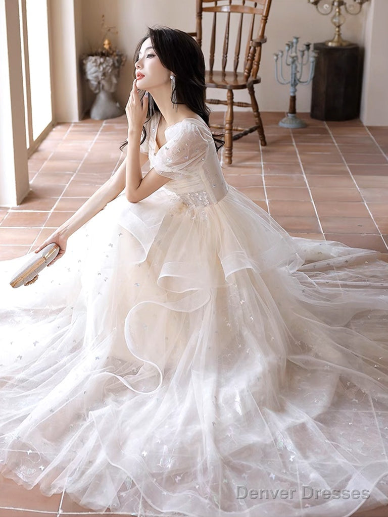 A-Line Light Champagne Tulle Lace Long Prom Dress, Light Champagne Long Evening Dress