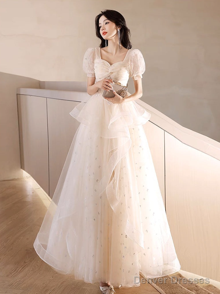 A-Line Light Champagne Tulle Lace Long Prom Dress, Light Champagne Long Evening Dress Main image