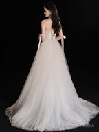 A-Line Light Champagne Tulle Long Prom Dress, Champagne Formal Dress