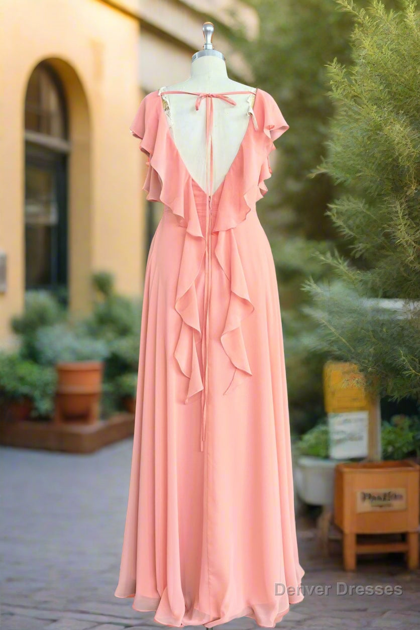 A-Line Light Coral Ruffled Flutter Sleeves Chiffon Bridesmaid Dress