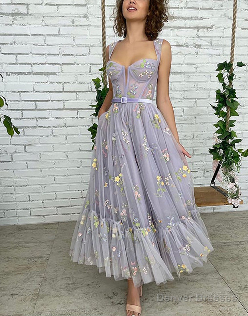 A-line Lilac Tea Length Tulle Prom Dress with Embroidery Main image