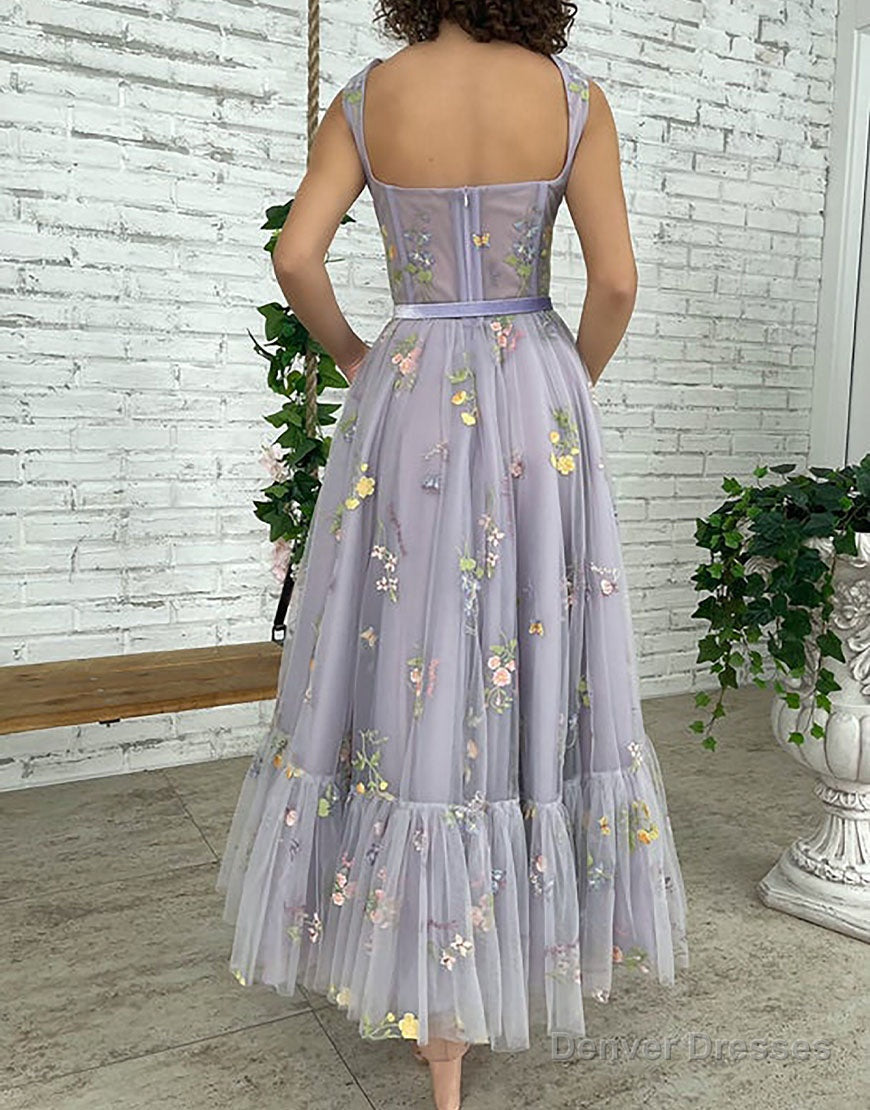 A-line Lilac Tea Length Tulle Prom Dress with Embroidery Secondary image