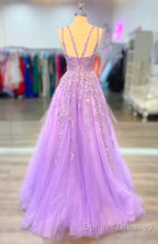 A-Line Lilac Tulle Prom Dress Violet V-Neck Formal Evening Dress Uk