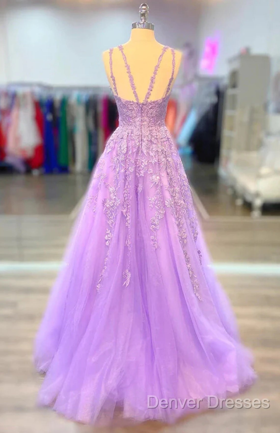 A-Line Lilac Tulle Prom Dress Violet V-Neck Formal Evening Dress Uk