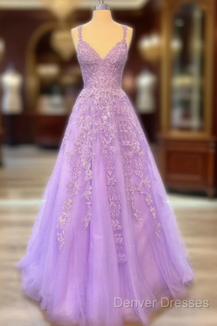 A-Line Lilac Tulle Prom Dress Violet V-Neck Formal Evening Dress Uk